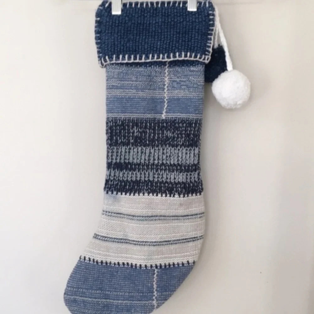 Anthropologie Blue Chunky Knit Pom Scarf
